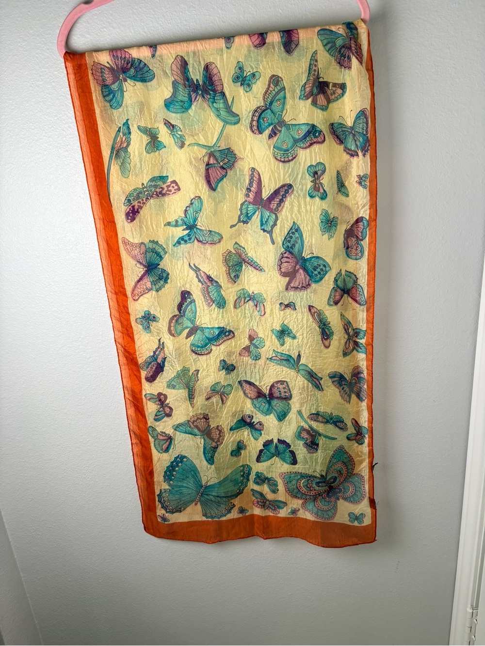 Vintage WWF Silk Butterfly Print Sheer Scarf with Orange Border